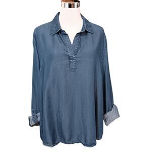 Emma & Olivia Blouse Top 2X Lightweight Soft Denim Popover RollTab Casual Travel